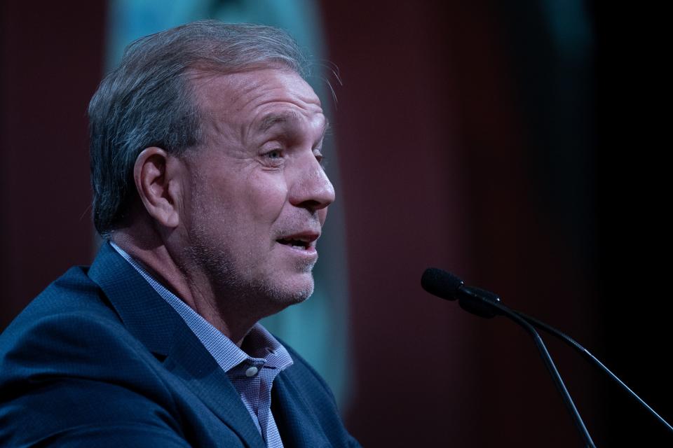 Texas A&M Head Coach Jimbo Fisher addresses the media at the 2023 SEC Football Kickoff Media Days at the Nashville Grand Hyatt on Broadway, Monday, July 17, 2023.