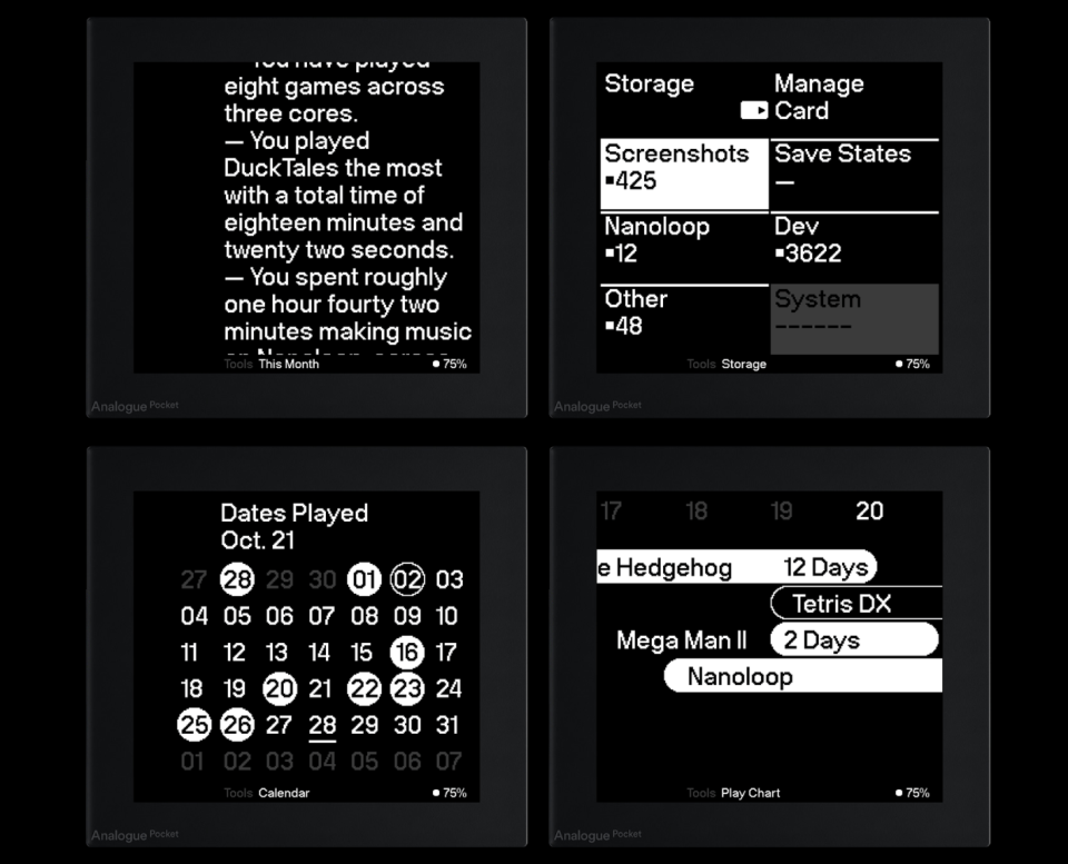 Screenshots of the AnalogueOS interface showing the ability to save states and track gameplay.