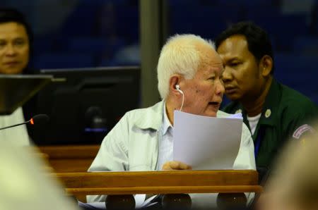 Former Khmer Rouge leader Khieu Samphan attends the closing statement in case 002/02 against former Khmer Rouge leaders Nuon Chea and Khieu Samphan, at the courtroom of the Extraordinary Chambers in the Courts of Cambodia (ECCC), on the outskirts of Phnom Penh, Cambodia, June 23, 2017. Nhet Sok Heng/Extraordinary Chambers in the Courts of Cambodia/Handout via REUTERS