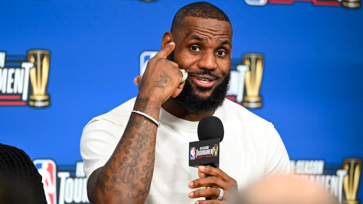  LeBron James of Los Angeles Lakers speaks during press conference in Las Vegas, Nevada. 