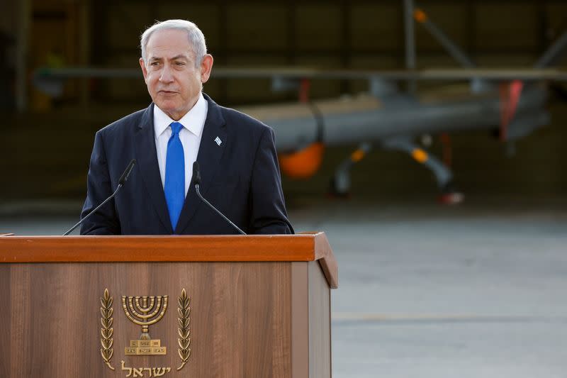 Israeli PM Netanyahu visits the Palmachim Air Force Base, near the city of Rishon Lezion