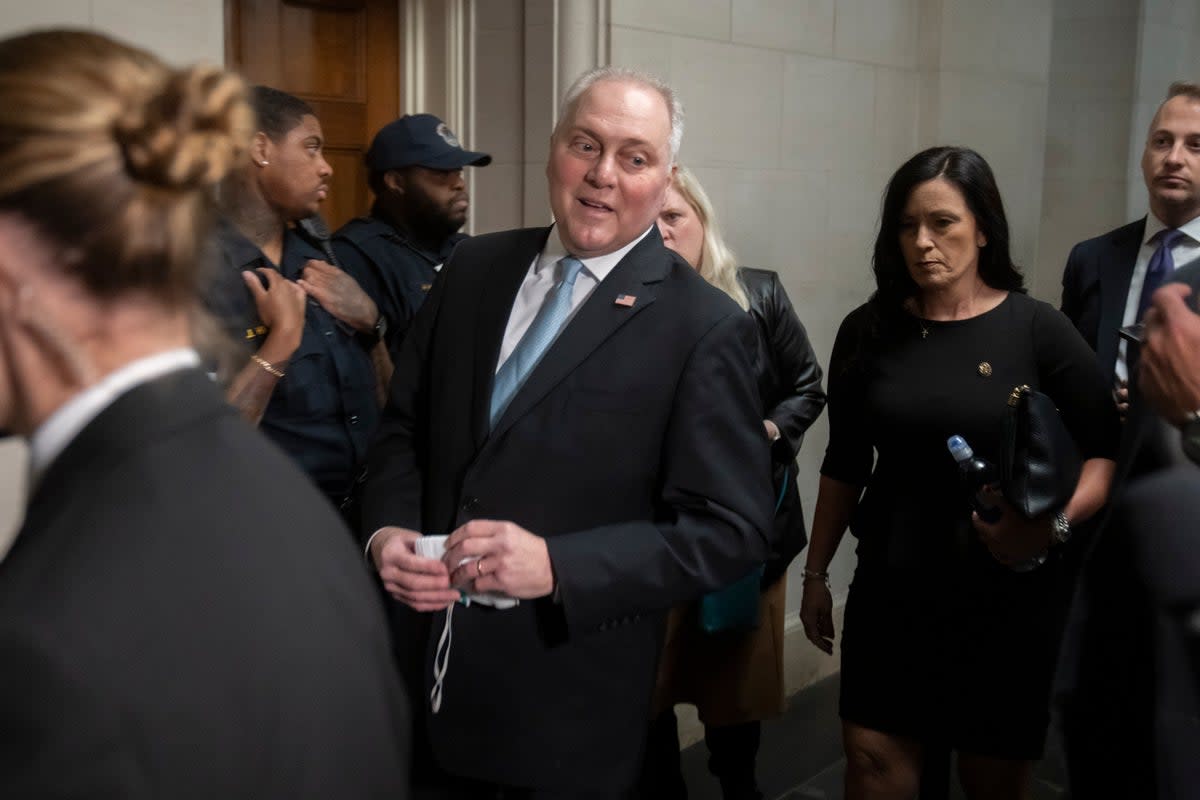 House Majority Leader Steve Scalise of Louisiana speaks to reporters as he arrives for a meeting of House Republicans to vote on candidates for Speaker of the House (AP)