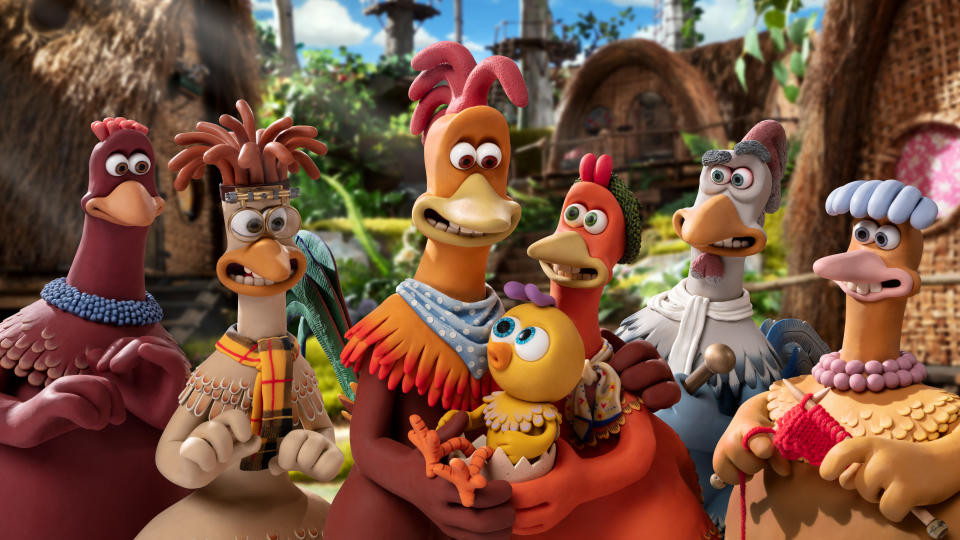 (L-R) Bunty (Imelda Staunton), Mac (Lynn Ferguson), Rocky (Zachary Levi), Molly (Bella Ramsey), Ginger (Thandiwe Newton), Fowler (David Bradley), and Babs (Jane Horrocks) in Chicken Run: Dawn of the Nugget. (Netflix)