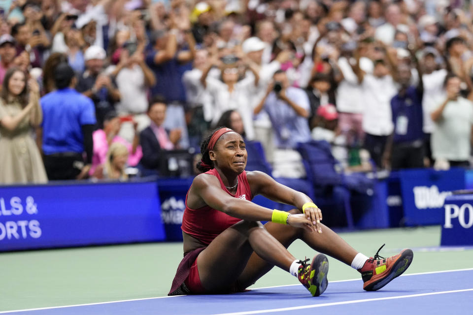 Coco Gauff, of the United States, reacts after defeating Aryna Sabalenka, of Belarus, to win the women's singles final of the U.S. Open tennis championships, Saturday, Sept. 9, 2023, in New York. (AP Photo/Manu Fernandez)