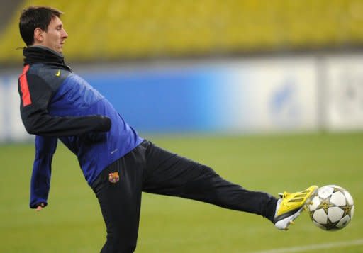 Barcelona's forward Lionel Messi controls a ball during a training session in Moscow on the eve of an UEFA Champions League football match against Spartak Moscow