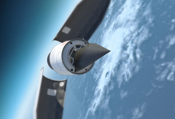This artist's illustration depicts DARPA's Falcon Hypersonic Test Vehicle as it emerges from its rocket nose cone and prepares to re-enter the Earth's atmosphere.