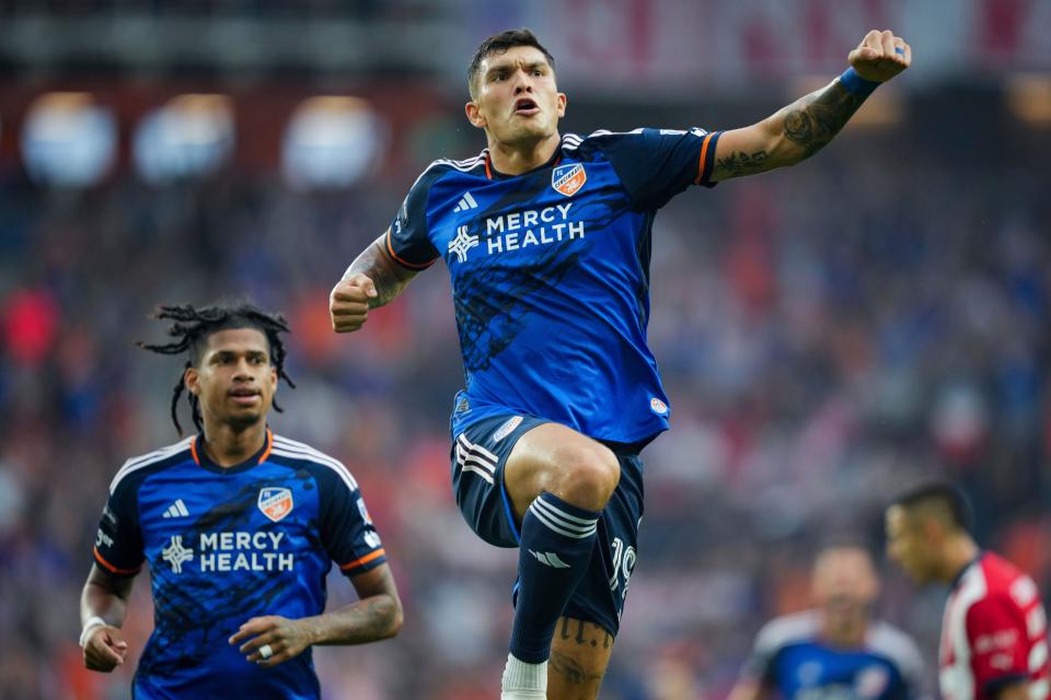 FC Cincinnati forward Brandon Vazquez celebrates his goal against Guadalajara during the first half of a Leagues Cup soccer match in Cincinnati, Thursday, July 27, 2023.