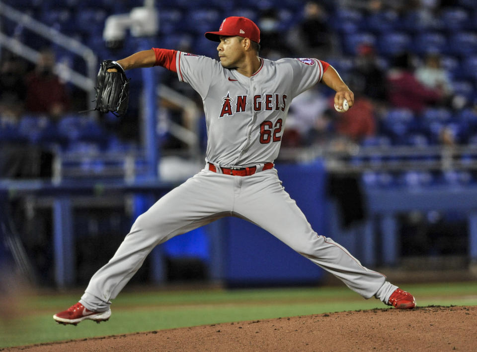 Los Angeles Angels starter Jose Quintana pitches to a Toronto Blue Jays batter during the first inning of a baseball game Saturday, April 10, 2021, in Dunedin, Fla. (AP Photo/Steve Nesius)