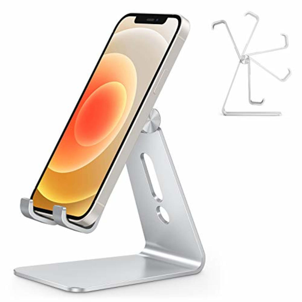 OMOTON Adjustable Cell Phone Stand, C2 Aluminum Desktop Phone Dock Holder Compatible with iPhone 15 14 13, SE, XR, 8 Plus 7 6, Samsung Galaxy, Google Pixel and More, Silver (AMAZON)