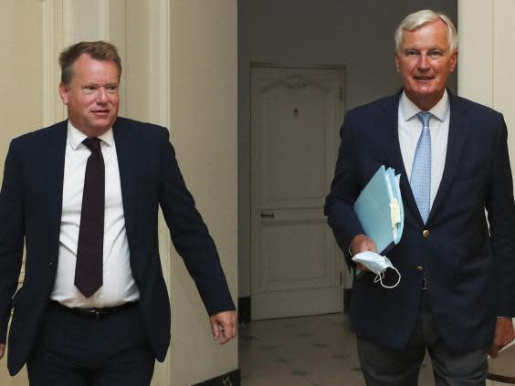 David Frost and Michel Barnier together in Brussels on 21 August (AP)