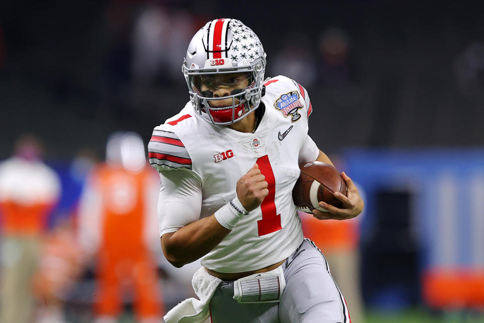 Ohio State QB Justin Fields was masterful against Clemson in the Sugar Bowl, answering a lot of questions that had cropped up. (Photo by Kevin C. Cox/Getty Images)