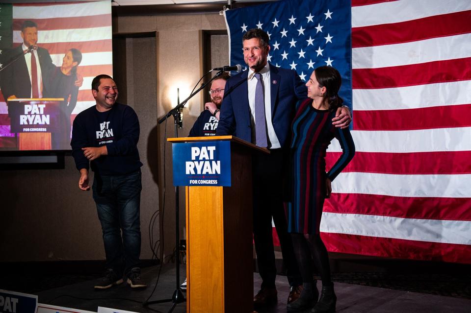 Pat Ryan talks at the election night watch party in Kingston, NY on Tuesday, November 8, 2022.