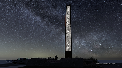 A night rendering of a 40-foot-tall metal monolith tower that's going to be erected in Miller-Showers Park to welcome people to Bloomington. The project will cost more than $1 million.