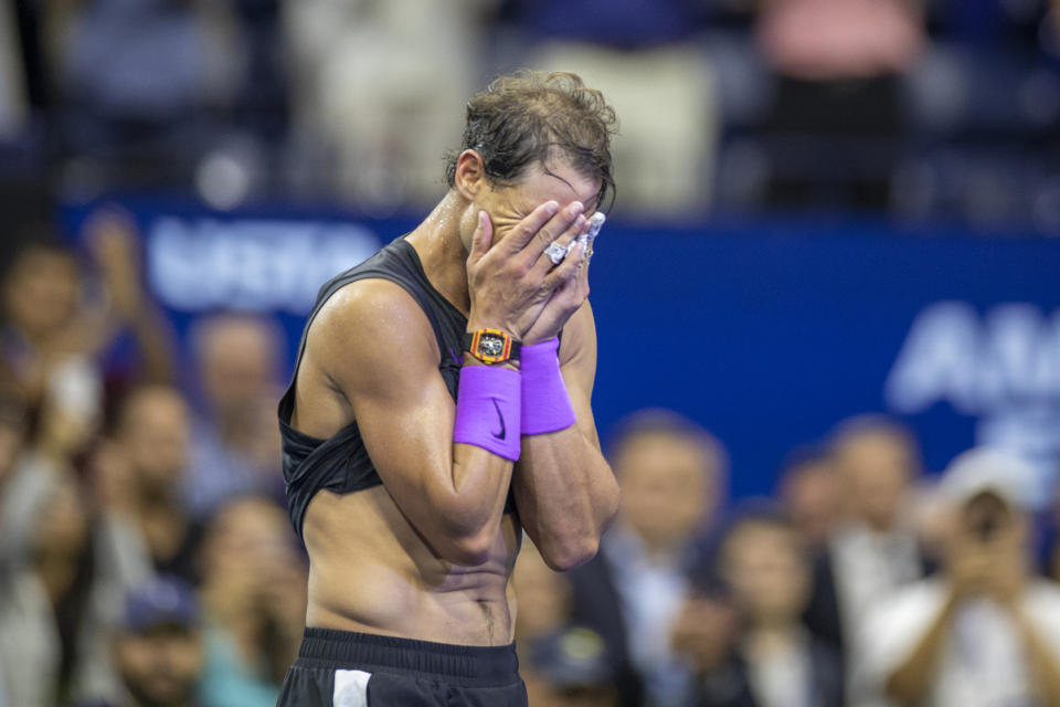 2019 US Open Tennis Tournament- Day Fourteen. An exhausted Rafael Nadal of Spain celebrates his five set win against Danill Medvedev of Russia in the Men's Singles Final on Arthur Ashe Stadium during the 2019 US Open Tennis Tournament at the USTA Billie Jean King National Tennis Center on September 8th, 2019 in Flushing, Queens, New York City.  (Photo by Tim Clayton/Corbis via Getty Images)
