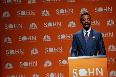 Chamath Palihapitiya, Founder and CEO of Social Capital, presents during the 2018 Sohn Investment Conference in New York City, U.S., April 23, 2018. REUTERS/Brendan McDermid