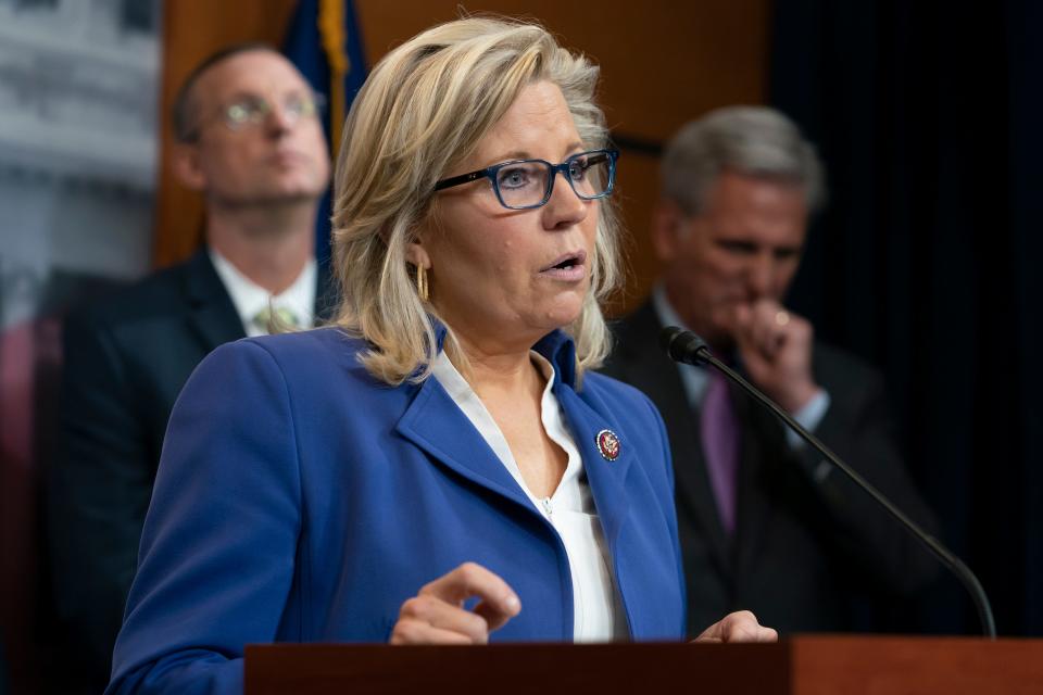 House Republican Conference chair Rep. Liz Cheney, R-Wy., flanked by Rep. Doug Collins, R-Ga., and House Republican Leader Kevin McCarthy, R-Calif., criticizes House Speaker Nancy Pelosi, D-Calif., and the Democrats for launching a formal impeachment inquiry against President Donald Trump, at the Capitol on Sept. 25, 2019. Cheney was one of 10 House Republicans who voted to impeach Trump for inciting the insurrection at the U.S. Capitol on Jan. 6, 2021.