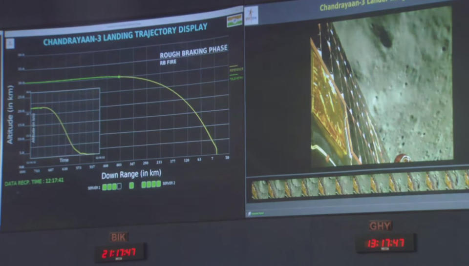 A live image from the moon by Chandrayaan-3 and a plot of its position during landing