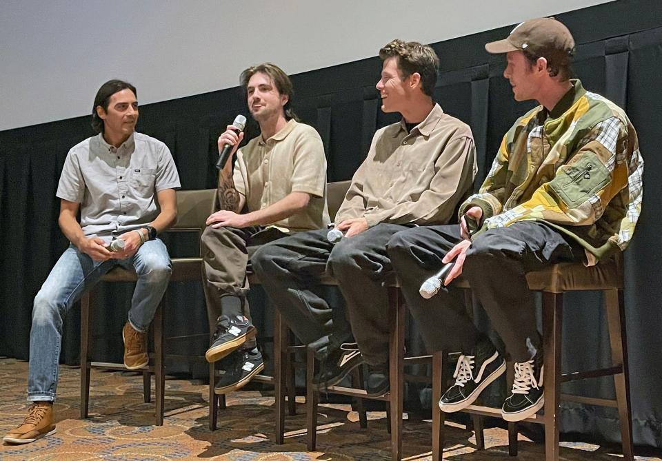 Benny Ray, left, moderated a panel discussion about "Into the Spotlight," with, from left, director Liam Jordan, U.S. Olympic skateboard team member Jake Ilardi, and his twin brother Nate Ilardi, the cinematographer, Sunday at CineBistro Siesta Key.