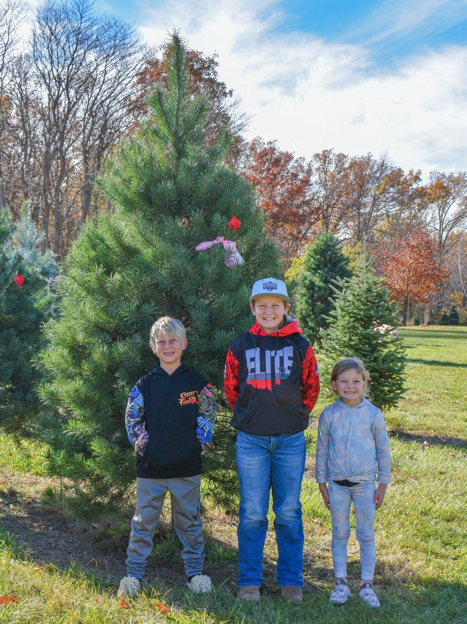 Siblings Eastyn, age 7, Braxtyn, age 11, and Paityn, age 6, Hosseler of Tiffin stand next to the tree they picked with their parents, Brett and Trisha Hosseler, at Hidden Pines Christmas Tree Farm on Nov. 11.