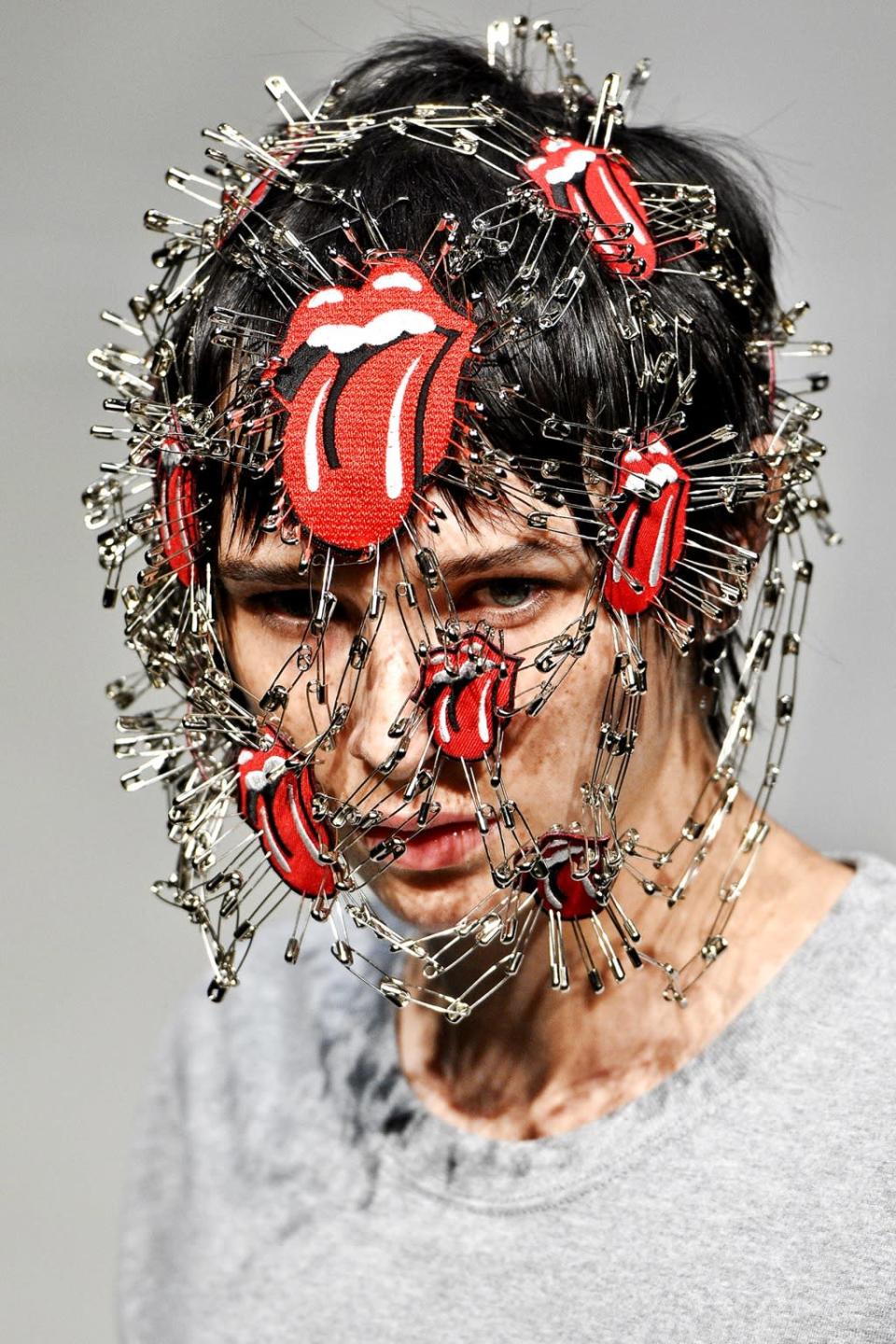 Safety pins and iron patches became a scary face mask at Plastictokyo’s show during Tokyo Fashion Week. 