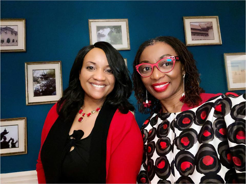 Cynthia Benjamin, left, director of audience engagement and trust for the USA TODAY Network, and Nita Brown, owner of MansaWear designs, are teammates in the Go Red for Women heart health campaign in Rochester, N.Y. Benjamin lost 21 pounds and lowered her blood pressure and heart rate, most of which resulted from volunteering with the team.