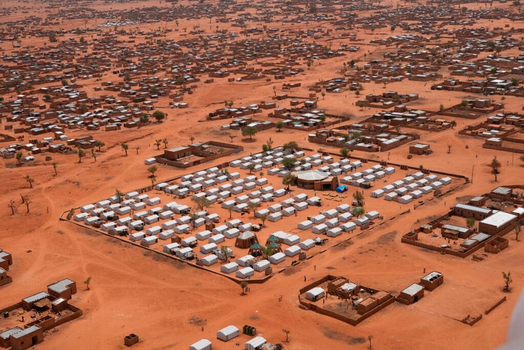 An aerial view shows a camp of internally displaced people in Djibo, Burkina Faso, Thursday, May 26, 2022(AP Photo/Sam Mednick)