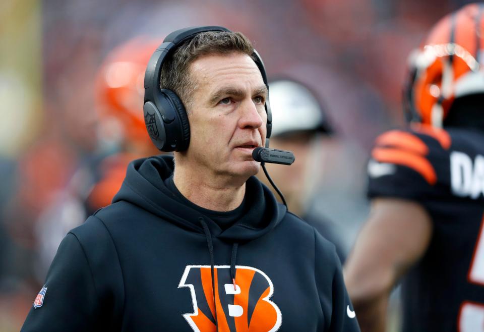 Jan 8, 2023; Cincinnati, Ohio, USA; Cincinnati Bengals defensive coordinator Lou Anarumo during the fourth quarter against the Baltimore Ravens at Paycor Stadium. Mandatory Credit: Joseph Maiorana-USA TODAY Sports