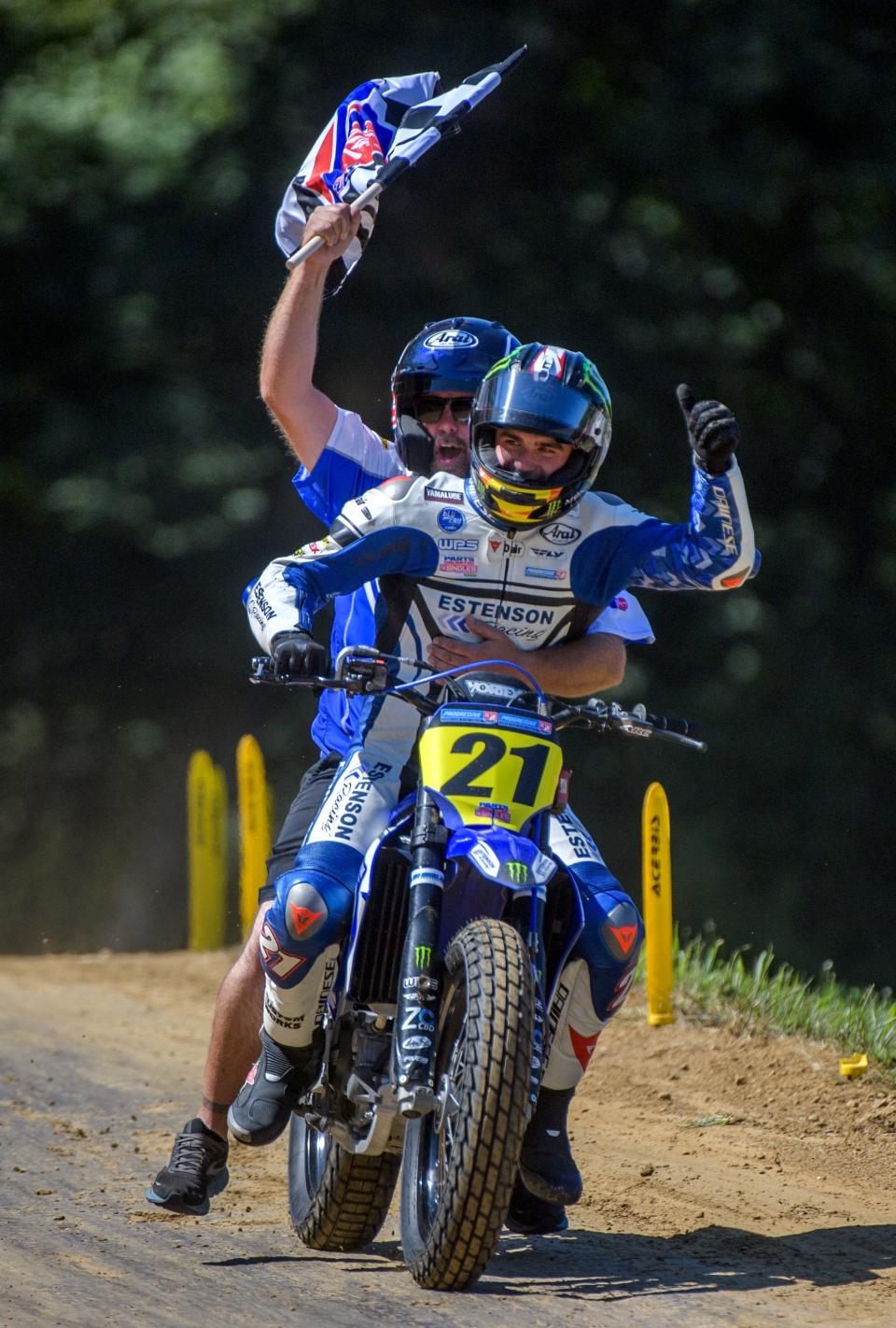 Indiana native Trevor Brunner celebrates his victory in the Parts Unlimited AFT Singles Main Event motorcycle race Sunday, July 30, 2023 at the Peoria Motorcycle Club.