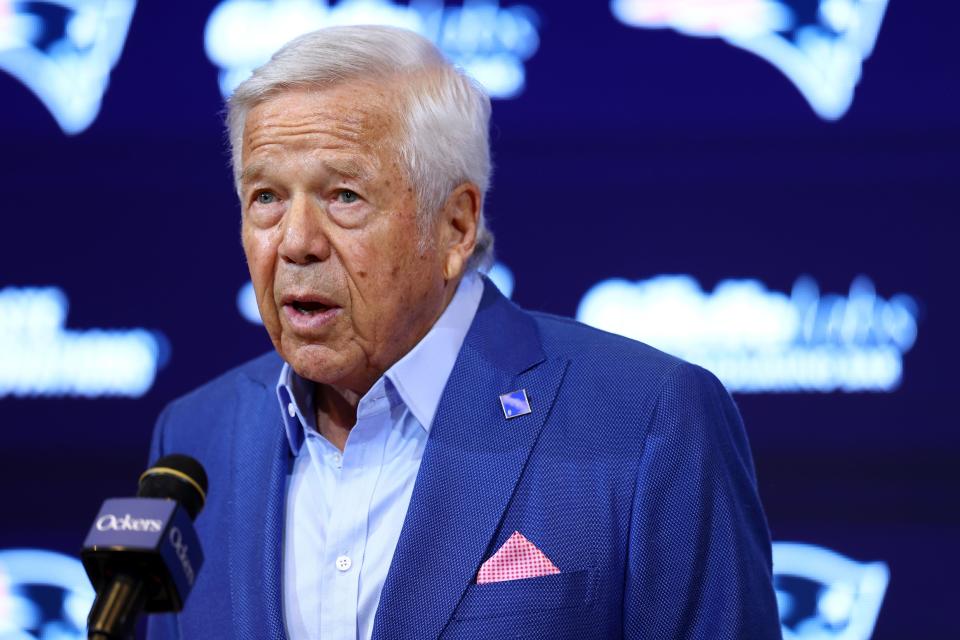 FOXBOROUGH, MASSACHUSETTS - JANUARY 11: Owner Robert Kraft of the New England Patriots speaks to the media during a press conference at Gillette Stadium on January 11, 2024 in Foxborough, Massachusetts. (Photo by Maddie Meyer/Getty Images)