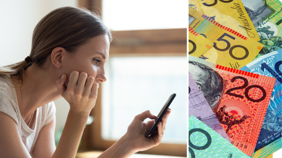 A composite image of a woman looking at her smart phone by habit and Australian money.