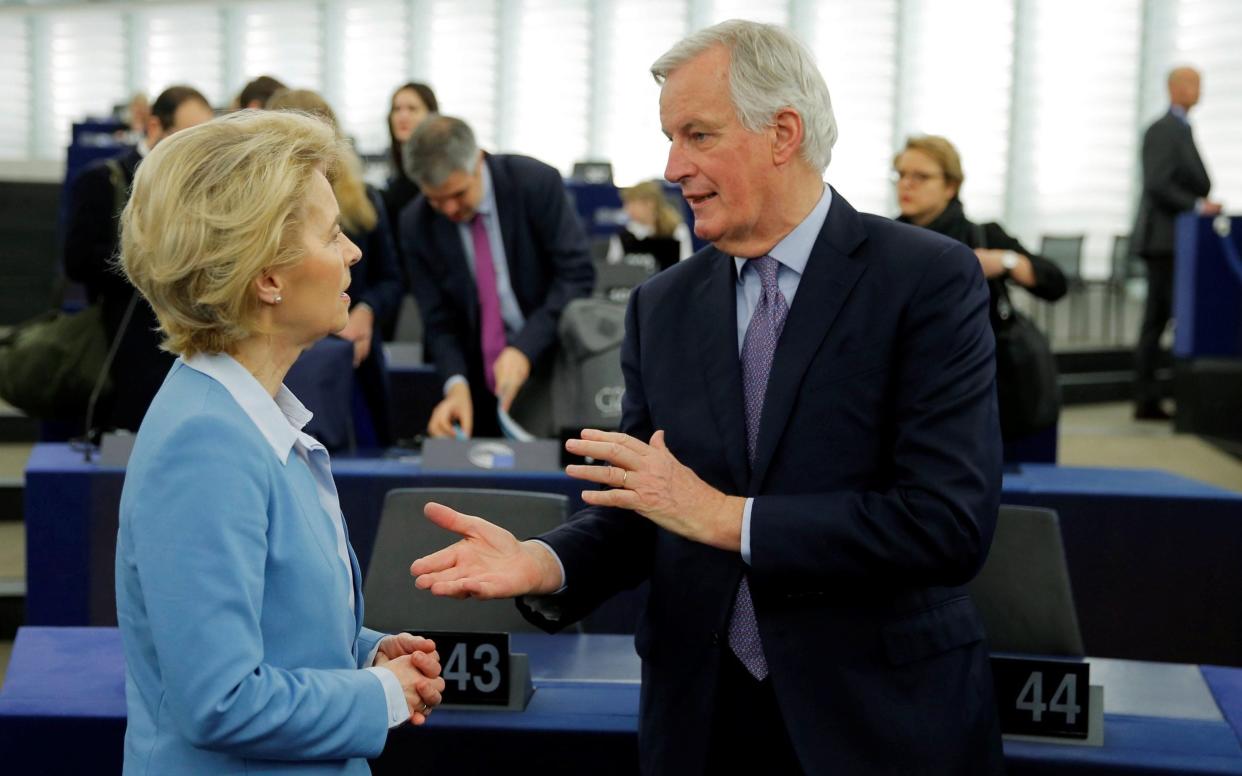 European Commission President Ursula von der Leyen and Michel Barnier, European Commission's Head of Task Force for Relations with the United Kingdom speak at the European Parliament ahead of a debate on the future partnership with the UK in Strasbourg  - REUTERS/Vincent Kessler