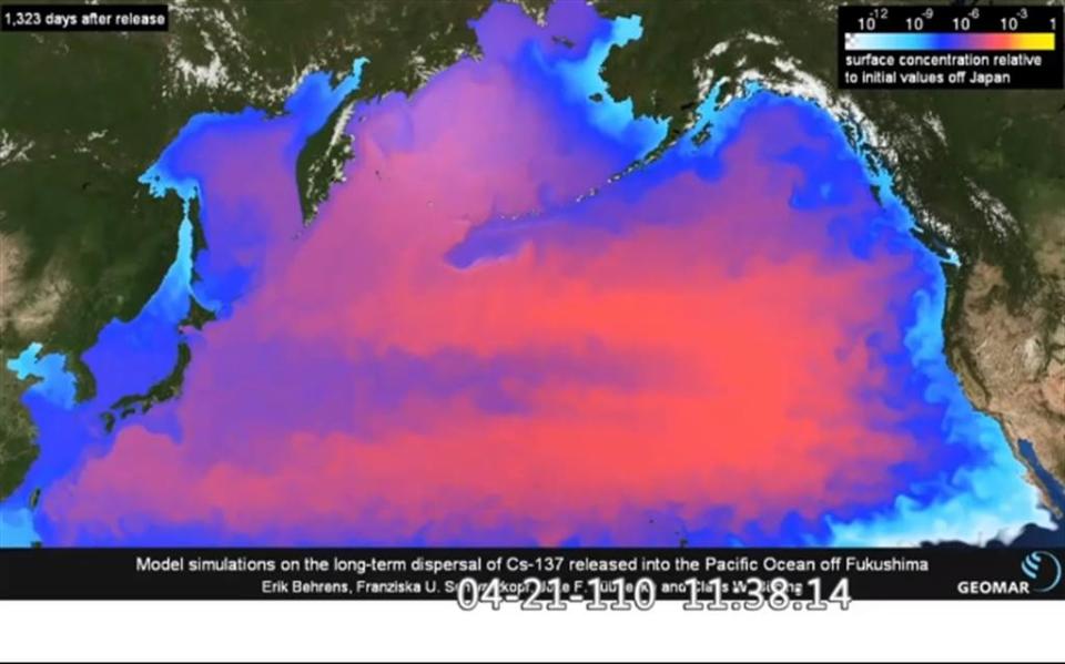 德國的海洋研究中心，針對福島排放含氚核廢水的洋流模擬影片。（圖／翻攝自立法院官方網站）