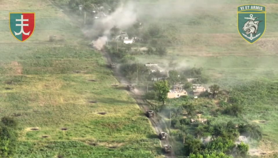 A screenshot from drone footage released on June 13, 2023, by Ukraine's 35th Marine Brigade allegedly depicting the brigade's liberation of the village of Makarivka in Donetsk Oblast. (Photo: 35th Marine Brigade/Facebook)