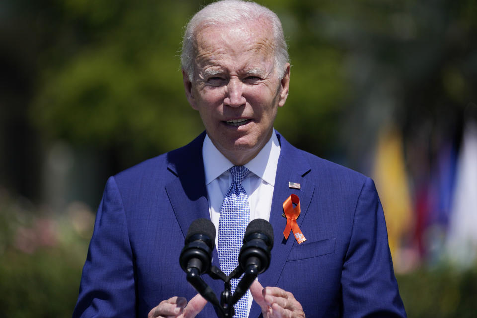 FILE - President Joe Biden speaks during an event to celebrate the passage of the "Bipartisan Safer Communities Act," a law meant to reduce gun violence, on the South Lawn of the White House, July 11, 2022, in Washington. Biden will visit the Middle East this week at a time when the region is experiencing dramatic changes and struggling to address deep problems. He'll become the first U.S. president to travel directly from Israel to Saudi Arabia, a reflection of closer ties between the Jewish state and its Arab neighbors. (AP Photo/Evan Vucci, File)