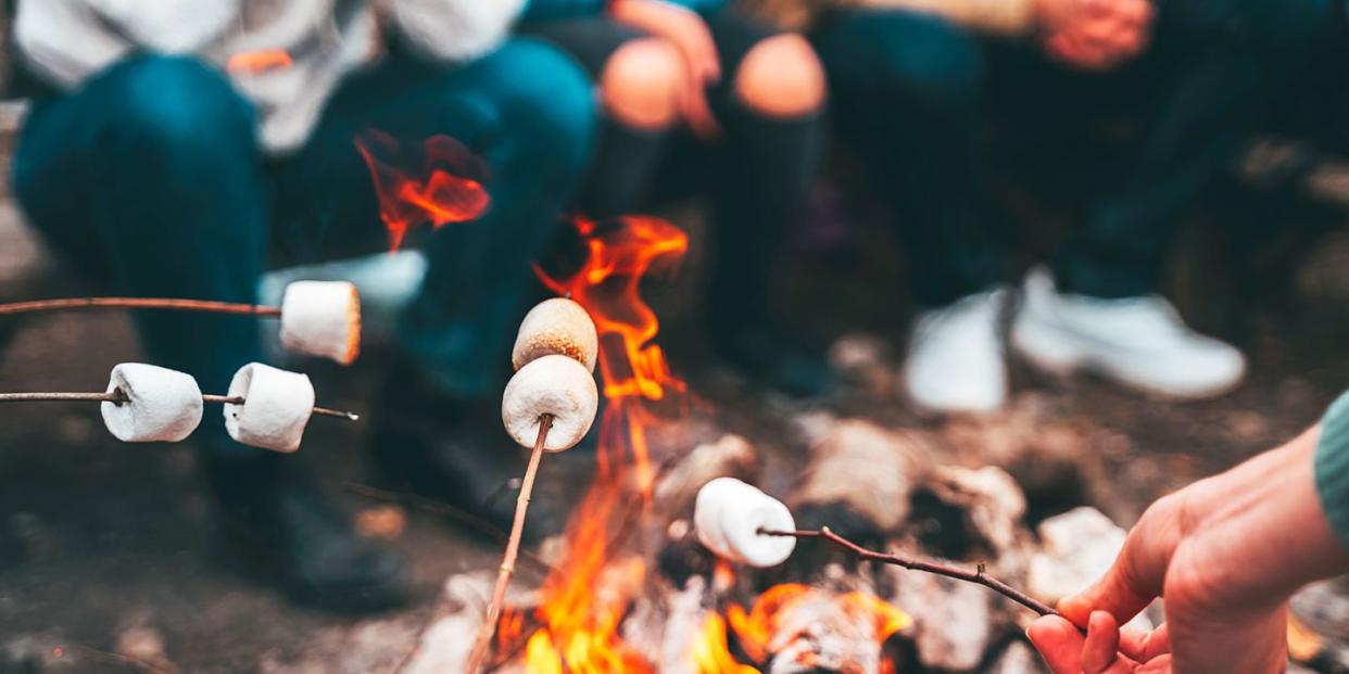 closeup shot of friends roasting marshmallows over the bonfire with wooden skewer sticks autumn camping and camp food preparing outdoors, sitting around warm fire