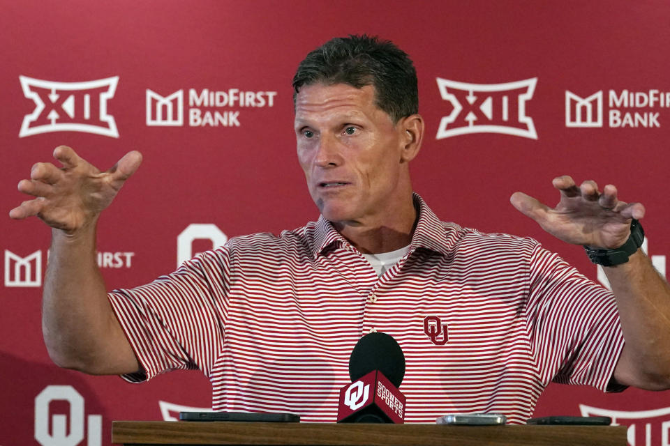 Oklahoma head coach Brent Venables speaks during NCAA college football media day, Tuesday, Aug. 2, 2022, in Norman, Okla. (AP Photo/Sue Ogrocki)