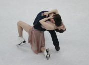 <p>Tessa Virtue and Scott Moir, of Canada, skate their free dance to win the gold at the World figure skating championships in Helsinki, Finland, on Saturday, April 1, 2017. (AP Photo/Ivan Sekretarev) </p>