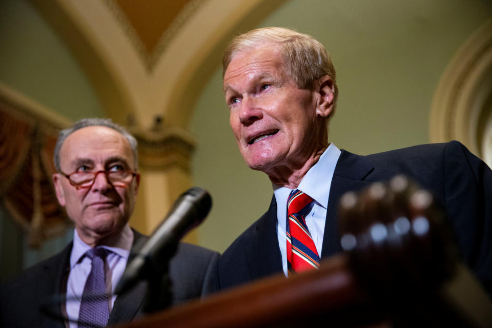 <span class="s1">Sen. Bill Nelson speaks about the Florida election in Washington on Wednesday, alongside Senate Democratic leader Chuck Schumer. (Photo: Al Drago/Reuters)</span>