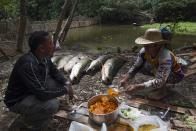 Villagers Diomesio Coelho Antunes (R) and Edson de Souza from the Rumao Island community eat a meal of arapaima or pirarucu, the largest freshwater fish species in South America and one of the largest in the world, next to the ones they just fished from a branch of the Solimoes river, one of the main tributaries of the Amazon, in the Mamiraua nature reserve near Fonte Boa about 600 km (373 miles) west of Manaus, November 24, 2013. Catching the arapaima, a fish that is sought after for its meat and is considered by biologists to be a living fossil, is only allowed once a year by Brazil's environmental protection agency. The minimum size allowed for a fisherman to keep an arapaima is 1.5 meters (4.9 feet). Picture taken November 24, 2013. REUTERS/Bruno Kelly (BRAZIL - Tags: ENVIRONMENT SOCIETY ANIMALS) ATTENTION EDITORS: PICTURE 13 OF 22 FOR PACKAGE 'FISHING FOR BRAZIL'S FOSSILS'. TO FIND ALL IMAGES SEARCH 'ARAPAIMA KELLY'