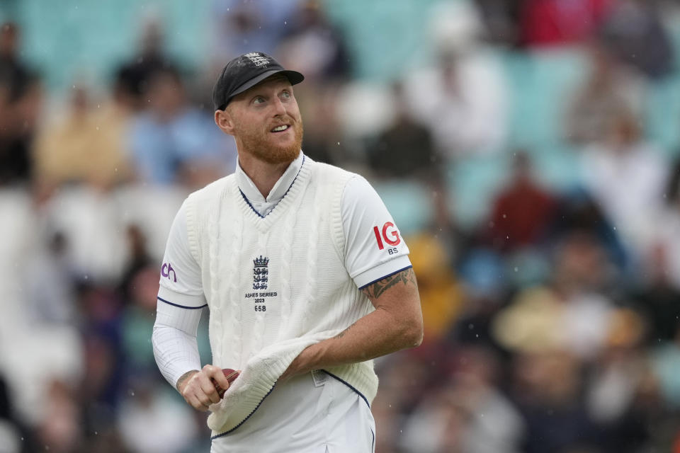 England's Ben Stokes looks up as rain delays play after lunch on day five of the fifth Ashes Test match between England and Australia, at The Oval cricket ground in London, Monday, July 31, 2023. (AP Photo/Kirsty Wigglesworth)