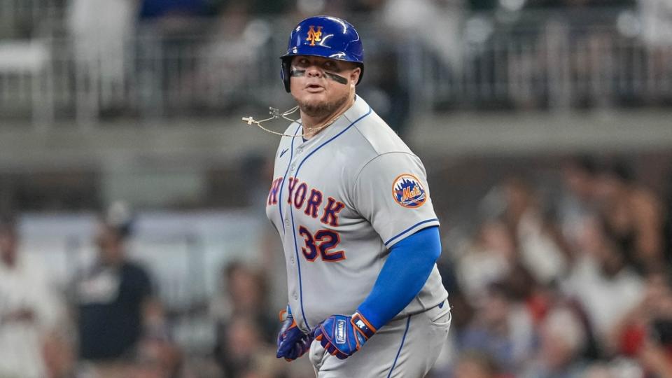 Aug 22, 2023; Cumberland, Georgia, USA; New York Mets designated hitter Daniel Vogelbach (32) runs after hitting a home run against the Atlanta Braves during the sixth inning at Truist Park.