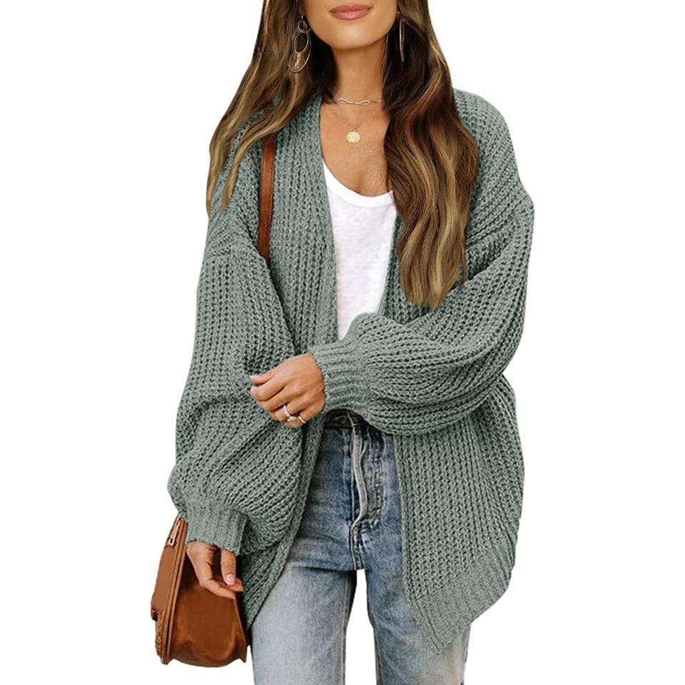 MEROKEETY Women's Open Front Long Lantern Sleeve Cardigan Oversized Chunky Outwear with Pocket