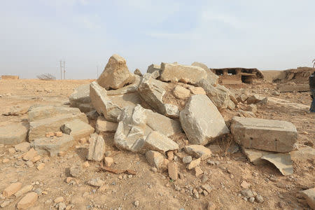 Remains of wall panels, destroyed by Islamic State militants are seen in the Assyrian city of Nimrud eastern bank of the Tigris River, south of Mosul, Iraq, November 16, 2016. REUTERS/Ari Jalal