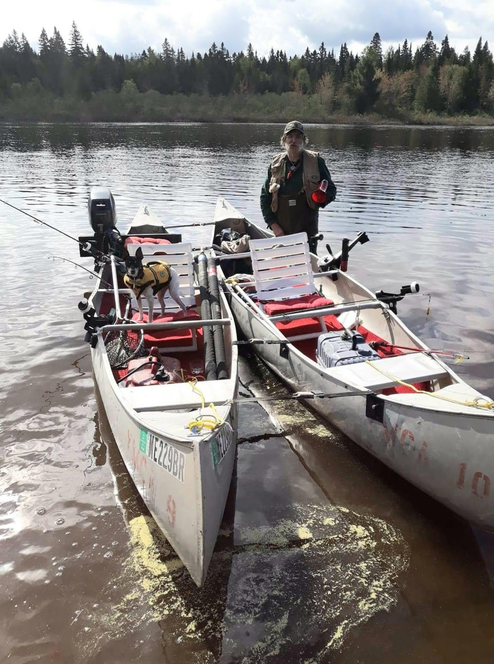 Michael Fiori is seen with a pair of tandem canoes in the wilderness of northern Maine on Monday, June 4, 2019, just hours before he and his brother Larry ended up in a fight for their lives when the canoes capsized in 50-degree water. They were saved with help from New Hampshire scouts who happened to be camping nearby. (AP Photo/Larry Fiori)