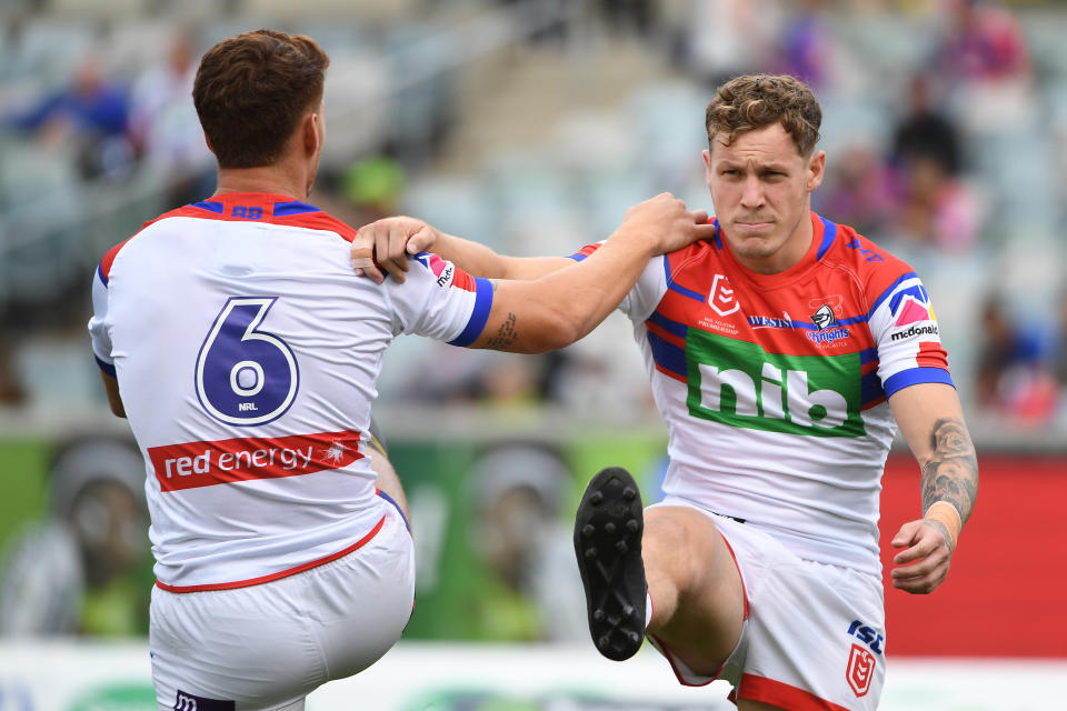 Kalyn Ponga and Kurt Mann, pictured here in action for the Newcastle Knights.