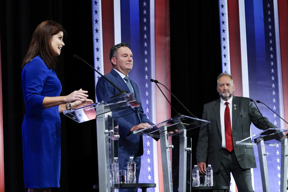 FILE - From left, Rebecca Kleefisch, Tim Michels and Timothy Ramthun participate in a televised Wisconsin Republican gubernatorial debate on July 24, 2022, in Milwaukee. The winner of next week's primary will advance to face Democratic Gov. Tony Evers in November. (AP Photo/Morry Gash, File)