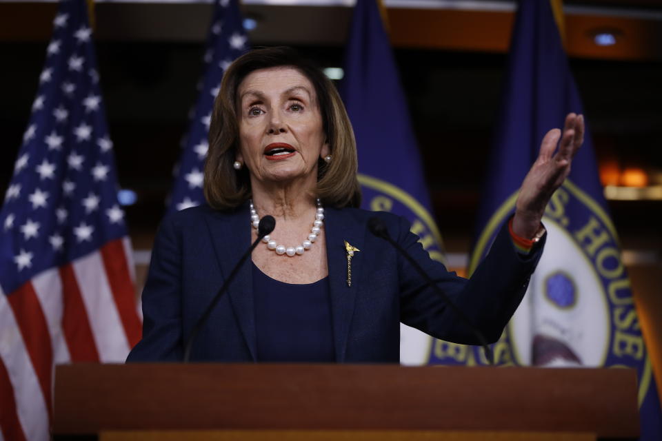 Speaker of the House Nancy Pelosi of Calif., speaks during a news conference, on Capitol Hill in Washington, Thursday, Jan. 16, 2020. (AP Photo/Matt Rourke)