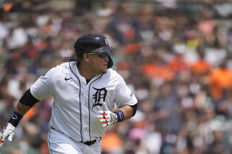Detroit Tigers designated hitter Miguel Cabrera watches his double during the second inning of a baseball game against the Arizona Diamondbacks, Saturday, June 10, 2023, in Detroit. (AP Photo/Carlos Osorio)