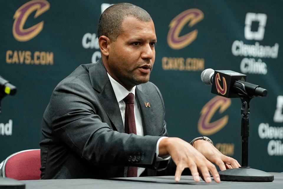 Cleveland Cavaliers president of basketball operations Koby Altman gestures as he speaks at a news conference during the team's media day Monday in Cleveland.
