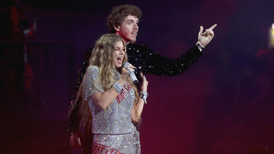 Fergie and Jack Harlow onstage during the 2022 MTV VMAs pre-show at Prudential Center in Newark, New Jersey.